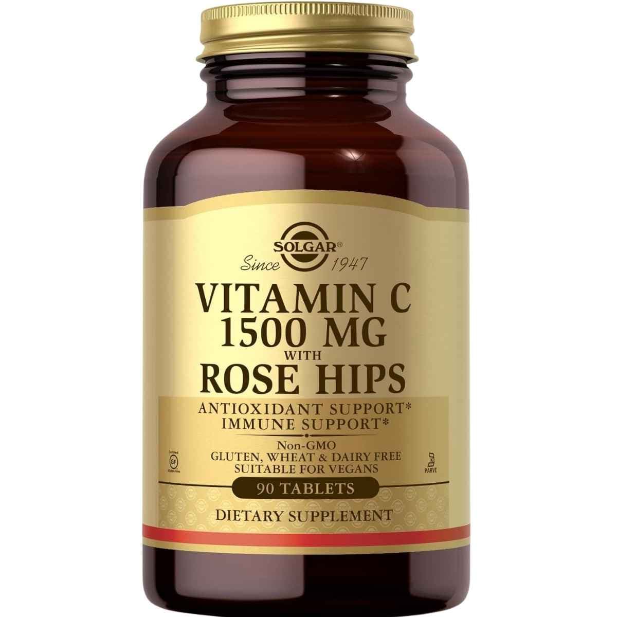 Frasco de suplemento Solgar Vitamina C 1500 mg 90 tabletas