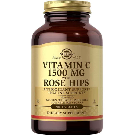 Frasco de suplemento Solgar Vitamina C 1500 mg 90 tabletas