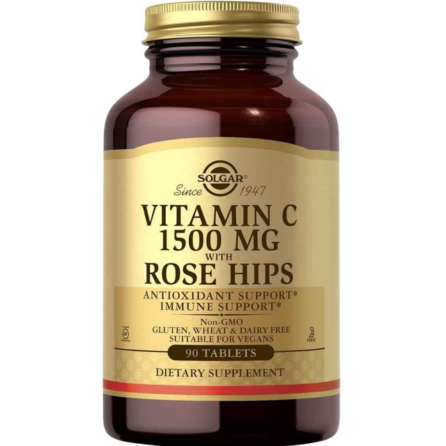 Frasco de suplemento Solgar Vitamina C 1500 mg 90 tabletas