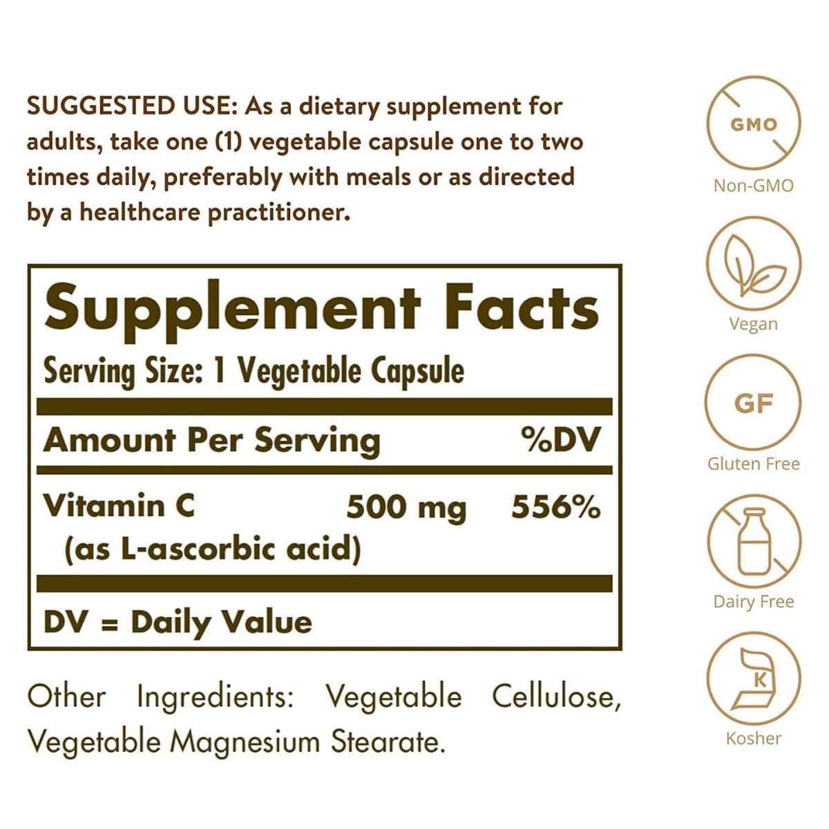 Tabla nutricional del suplemento Solgar Vitamina C 500 mg 100 cápsulas vegetales