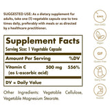 Tabla nutricional del suplemento Solgar Vitamina C 500 mg 100 cápsulas vegetales