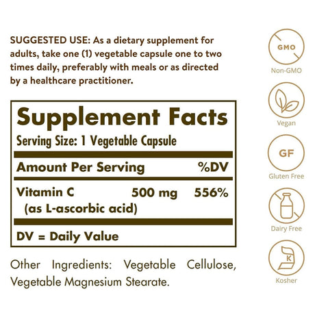 Tabla nutricional del suplemento Solgar Vitamina C 500 mg 100 cápsulas vegetales
