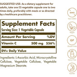 Tabla nutricional del suplemento Solgar Vitamina C 500 mg 250 cápsulas vegetales