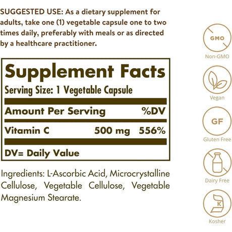 Tabla nutricional del suplemento Solgar Vitamina C 500 mg 250 cápsulas vegetales