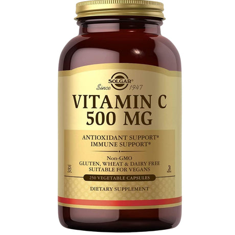 Frasco de suplemento Solgar Vitamina C 500 mg 250 cápsulas vegetales