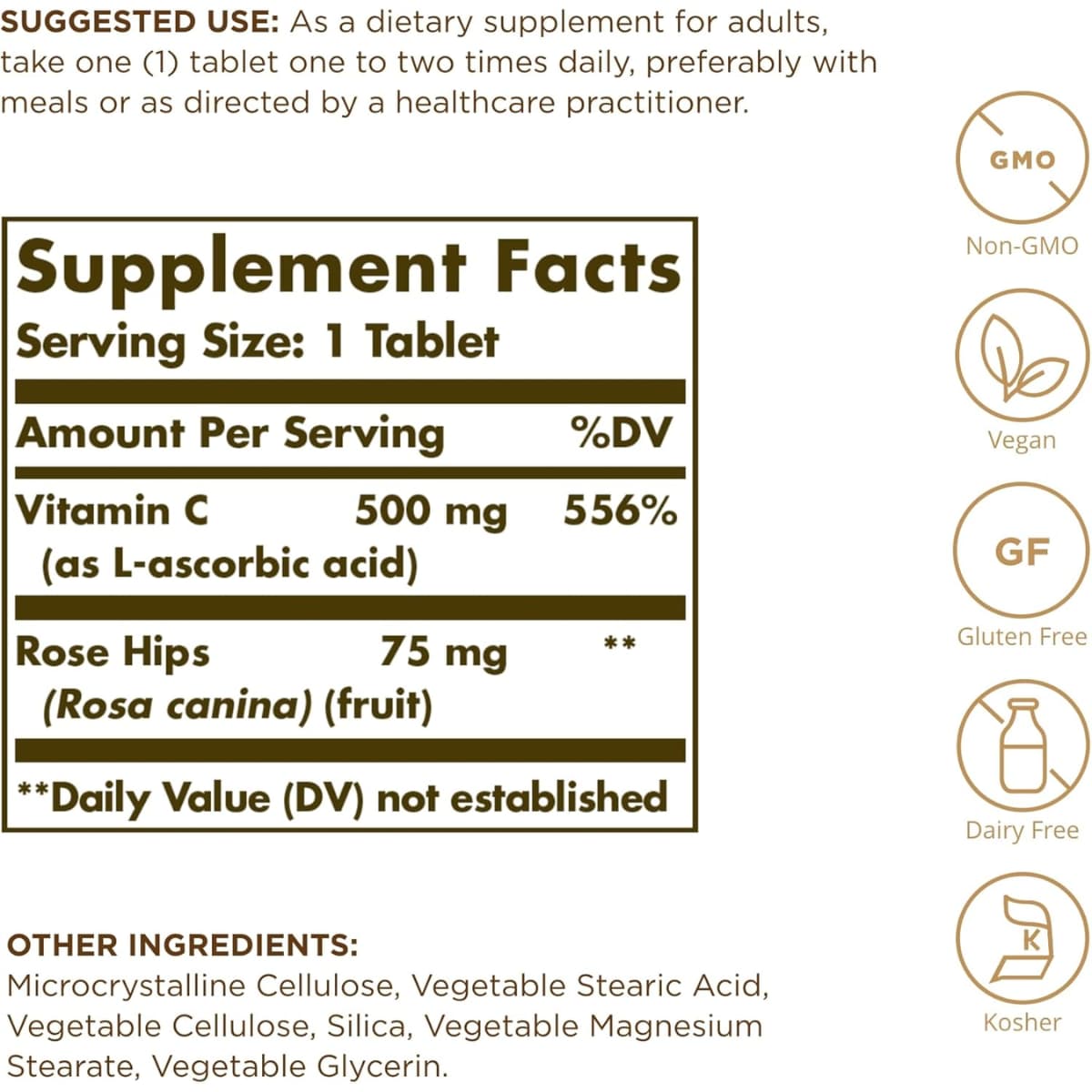 Tabla nutricional del suplemento Solgar Vitamina C con Escaramujo 500 mg 100 tabletas
