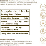 Tabla nutricional del suplemento Solgar Vitamina C con Escaramujo 500 mg 100 tabletas