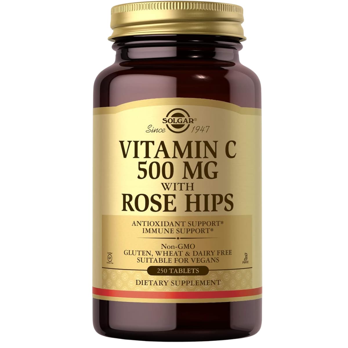 Frasco de suplemento Solgar Vitamina C con Escaramujo 500 mg 250 tabletas