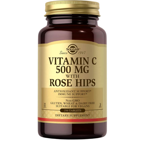 Frasco de suplemento Solgar Vitamina C con Escaramujo 500 mg 250 tabletas
