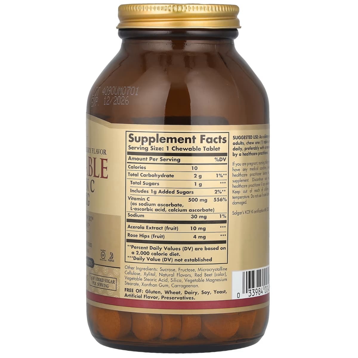 Tabla nutricional del suplemento Solgar Vitamina C Masticable sabor Arándano y Frambuesa 90 tabletas masticables