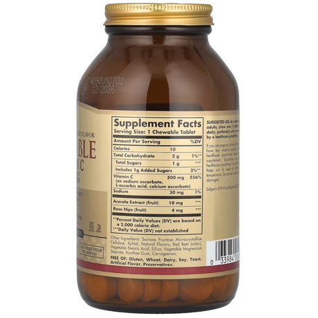 Tabla nutricional del suplemento Solgar Vitamina C Masticable sabor Arándano y Frambuesa 90 tabletas masticables