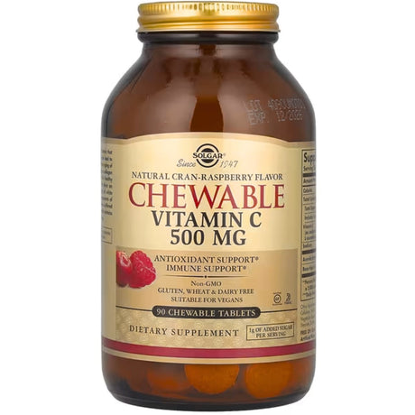 Frasco de suplemento Solgar Vitamina C Masticable sabor Arándano y Frambuesa 90 tabletas masticables