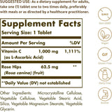 Tabla nutricional del suplemento Solgar Vitamina C con Rosa Mosqueta 1000 mg 250 tabletas