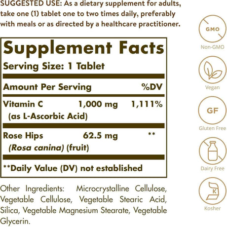 Tabla nutricional del suplemento Solgar Vitamina C con Rosa Mosqueta 1000 mg 250 tabletas