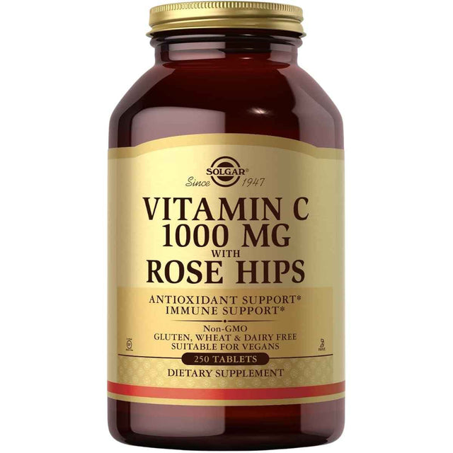 Frasco de suplemento Solgar Vitamina C con Rosa Mosqueta 1000 mg 250 tabletas