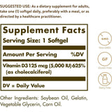 Tabla nutricional del suplemento Solgar Vitamina D3 125 mcg 100 capsulas blandas