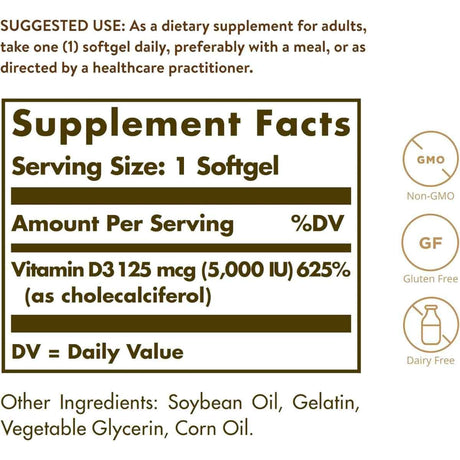 Tabla nutricional del suplemento Solgar Vitamina D3 125 mcg 100 capsulas blandas