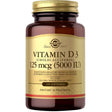 Frasco de suplemento Solgar Vitamina D3 125 mcg 100 capsulas blandas