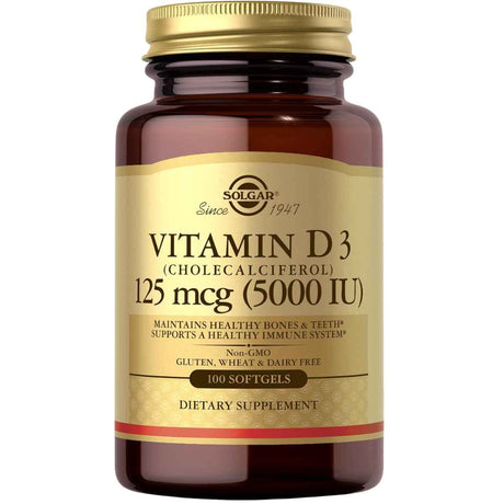 Frasco de suplemento Solgar Vitamina D3 125 mcg 100 capsulas blandas