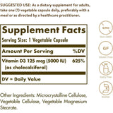 Tabla nutricional del suplemento Solgar Vitamina D3 125 mcg 120 capsulas vegetales