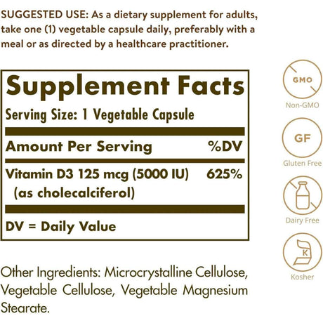 Tabla nutricional del suplemento Solgar Vitamina D3 125 mcg 120 capsulas vegetales