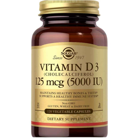 Frasco de suplemento Solgar Vitamina D3 125 mcg 120 capsulas vegetales