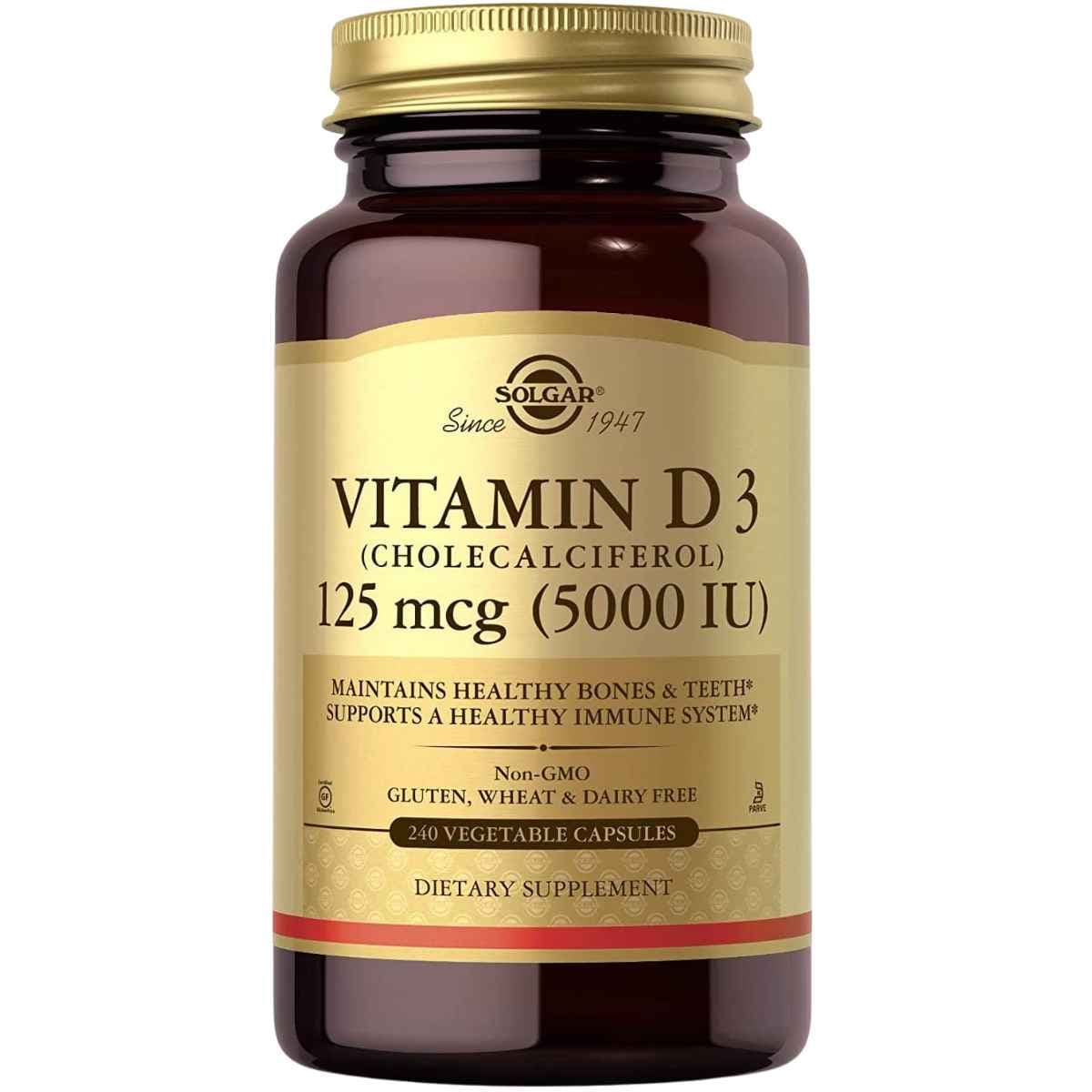 Frasco de suplemento Solgar Vitamina D3 125 mcg 240 capsulas vegetales