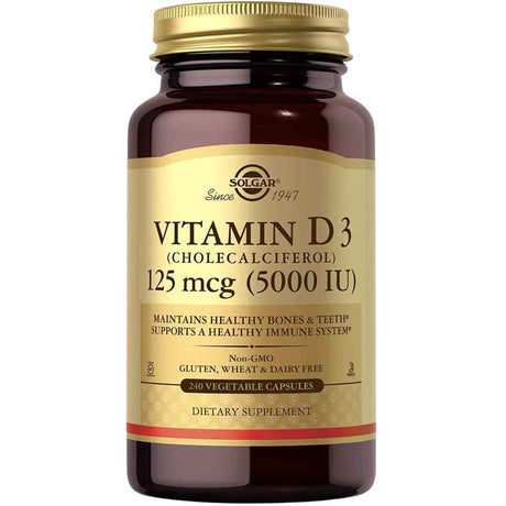 Frasco de suplemento Solgar Vitamina D3 125 mcg 240 capsulas vegetales