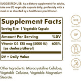 Tabla nutricional del suplemento Solgar Vitamina D3 125 mcg 360 capsulas vegetales