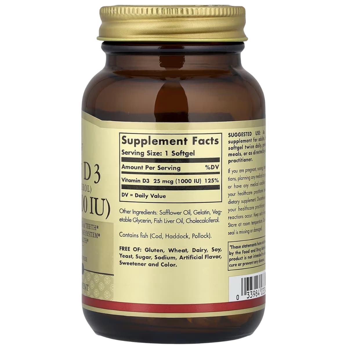Tabla nutricional del suplemento Solgar Vitamina D3 25 mcg (1000 IU) 100 cápsulas blandas
