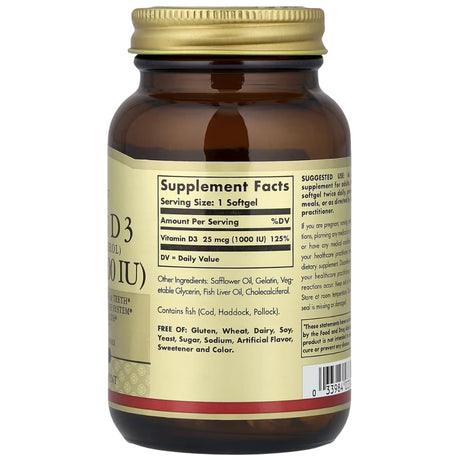 Tabla nutricional del suplemento Solgar Vitamina D3 25 mcg (1000 IU) 100 cápsulas blandas
