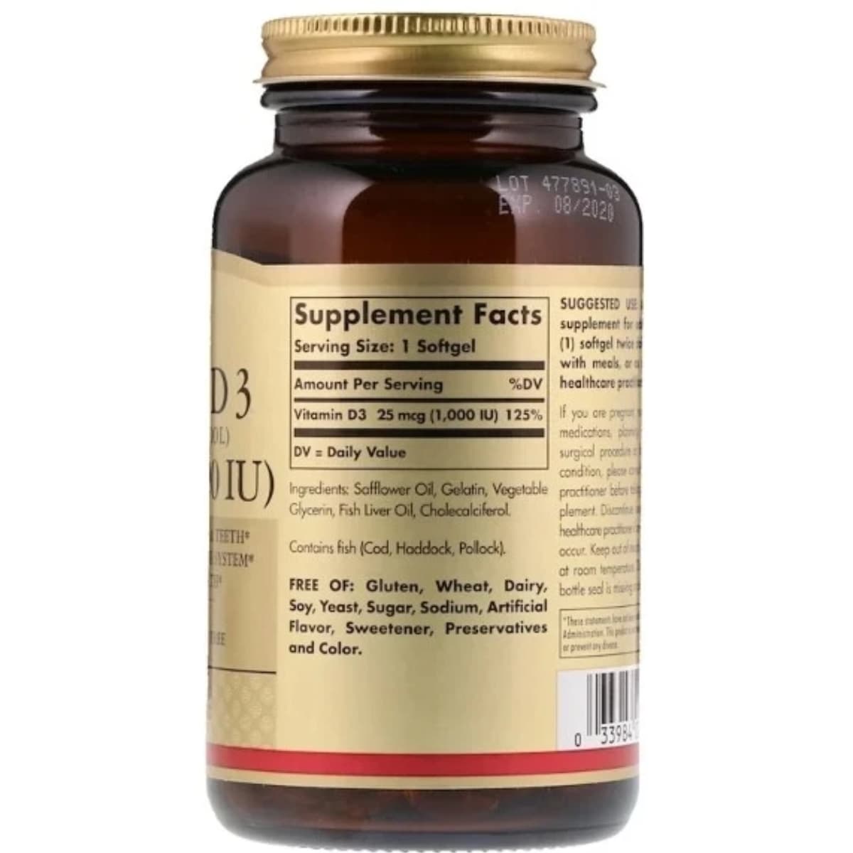 Tabla nutricional del suplemento Solgar Vitamina D3 25 mcg (1000 IU) 250 cápsulas blandas