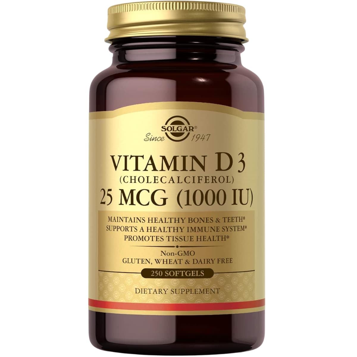 Frasco de suplemento Solgar Vitamina D3 25 mcg (1000 IU) 250 cápsulas blandas