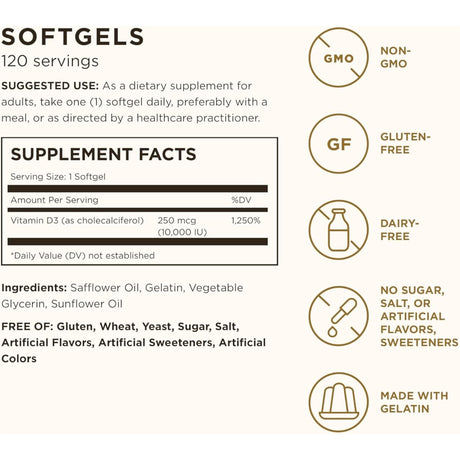 Tabla nutricional del suplemento Solgar Vitamina D3 250 mcg 120 cápsulas blandas