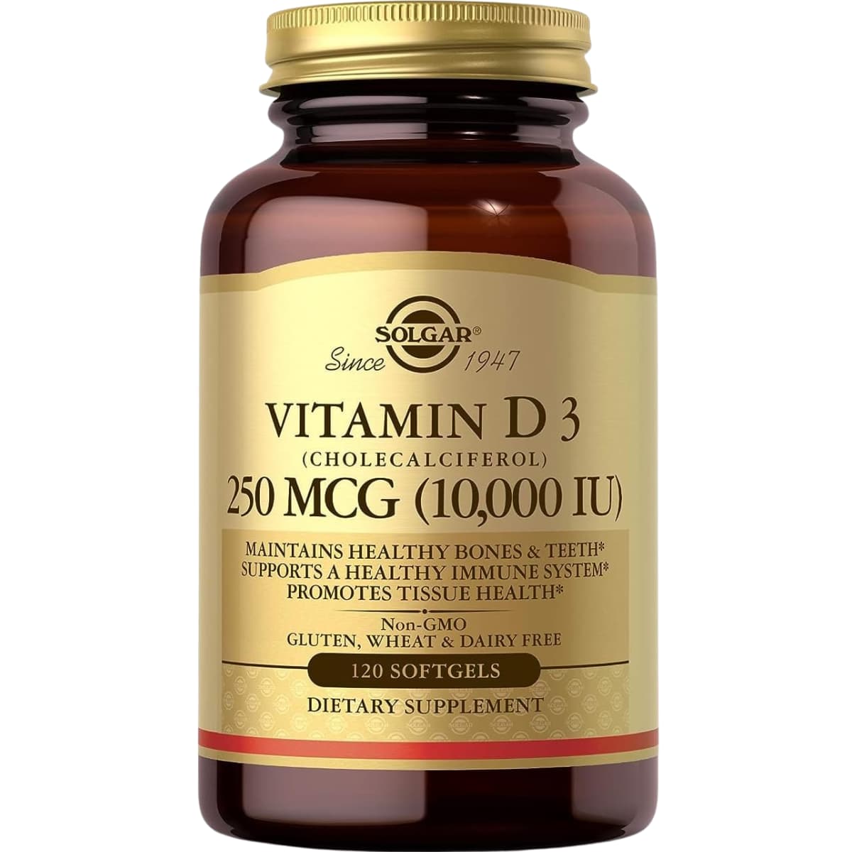 Frasco de suplemento Solgar Vitamina D3 250 mcg 120 cápsulas blandas