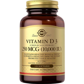 Frasco de suplemento Solgar Vitamina D3 250 mcg 120 cápsulas blandas
