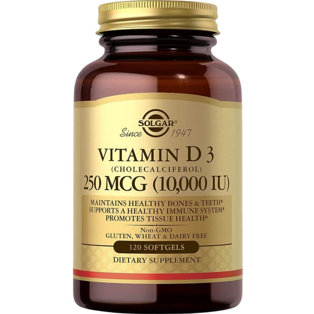 Frasco de suplemento Solgar Vitamina D3 250 mcg 120 cápsulas blandas