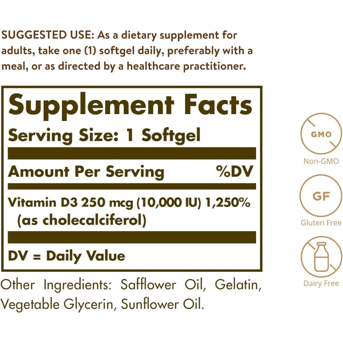 Tabla nutricional del suplemento Solgar Vitamina D3 250 mcg 180 cápsulas blandas
