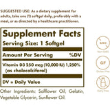 Tabla nutricional del suplemento Solgar Vitamina D3 250 mcg 180 cápsulas blandas