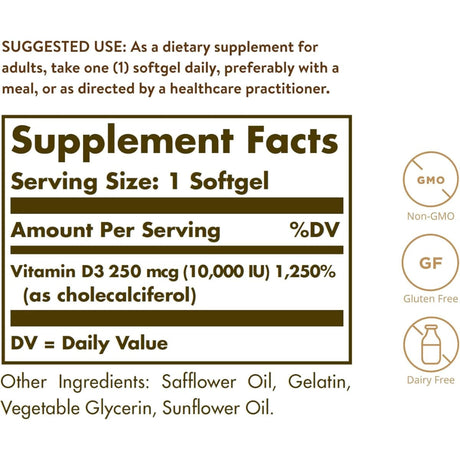 Tabla nutricional del suplemento Solgar Vitamina D3 250 mcg 180 cápsulas blandas
