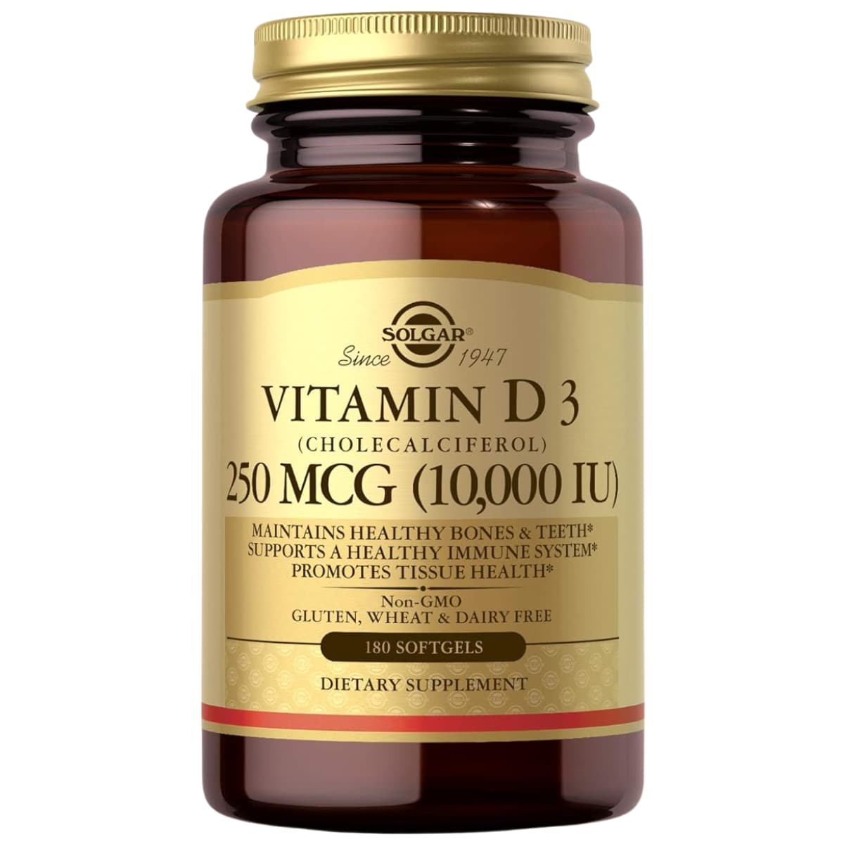 Frasco de suplemento Solgar Vitamina D3 250 mcg 180 cápsulas blandas