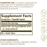 Información del suplemento de Solgar vitamina D3 55 mcg / 2200 IU, presentación de 100 cápsulas vegetales