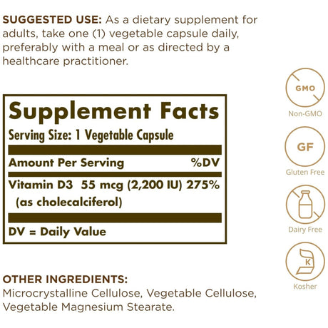 Información del suplemento de Solgar vitamina D3 55 mcg / 2200 IU, presentación de 100 cápsulas vegetales