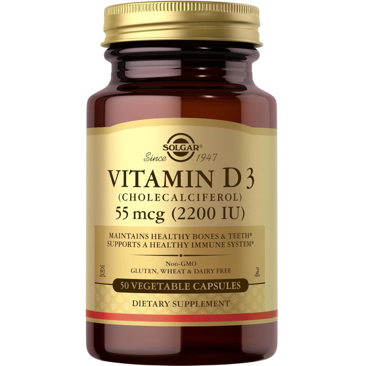 Solgar vitamina D3 55 mcg / 2200 IU en frasco de 50 cápsulas vegetales