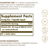 Información del suplemento de Solgar vitamina D3 55 mcg / 2200 IU, presentación de 50 cápsulas vegetales