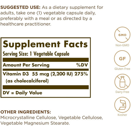 Información del suplemento de Solgar vitamina D3 55 mcg / 2200 IU, presentación de 50 cápsulas vegetales