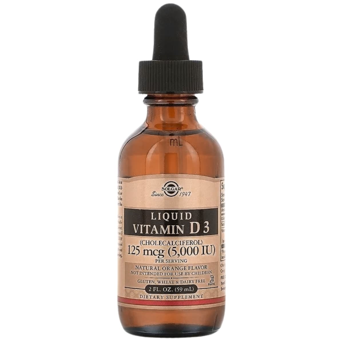Frasco de suplemento Solgar Vitamina D3 Naranja Natural 59 ml