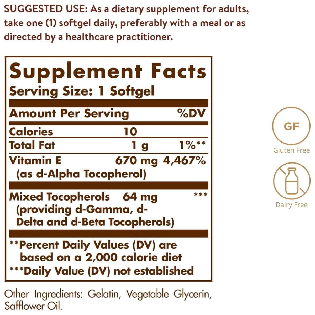 Tabla nutricional del suplemento Solgar Vitamina E 100 cápsulas blandas