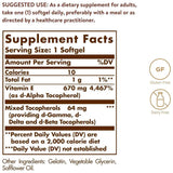 Tabla nutricional del suplemento Solgar Vitamina E 100 cápsulas blandas