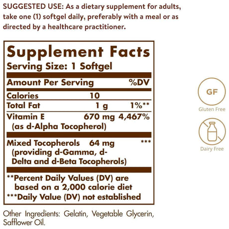 Tabla nutricional del suplemento Solgar Vitamina E 100 cápsulas blandas